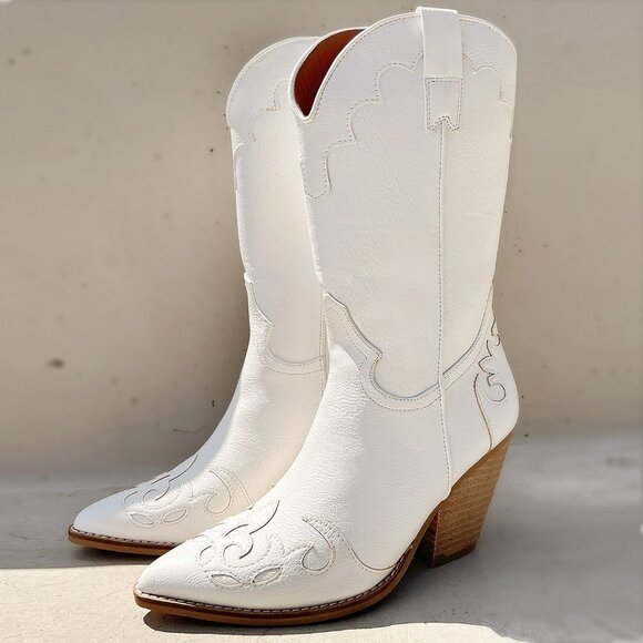 NEW White Western Cowgirl Cutout Applique Pointy Toe Block Heel Mid Calf Boots - Picture 8 of 16